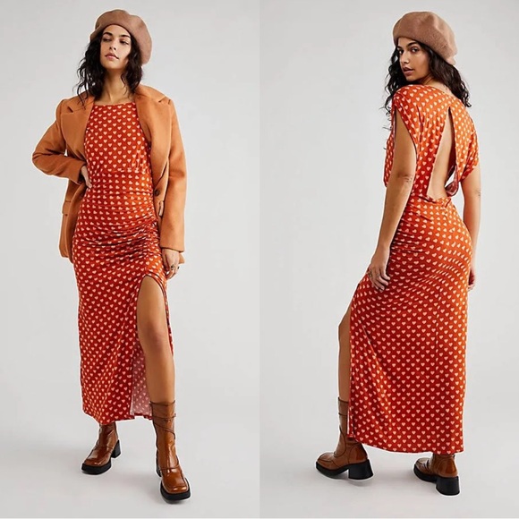 Free People Lakeside Heart Print Ruched High Slit Midi Dress Medium NEW - Picture 1 of 9